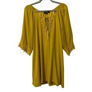 NAIF Tunic Top Crochet Lace-Trim Lined Mustard Yellow Boho Chic Women’s sz XL